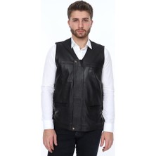 Derimont Deri Leonel Gizli Fermuarlı Siyah Erkek Deri Yelek