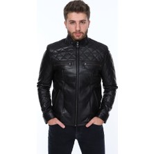 Derimont Deri Kapitone Siyah Erkek Deri Ceket