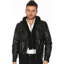 Derimont Deri Erkek Kapşonlu Deri Mont