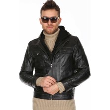 Derimont Deri Erkek Kapşonlu Siyah Spor Deri Ceket