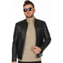 Derimont Deri Erkek Düz Siyah Spor Deri Mont