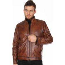 Derimont Deri Erkek Taba Düz Spor Deri Mont