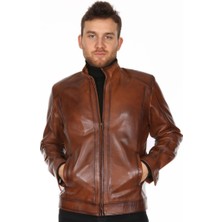 Derimont Deri Erkek Taba Düz Spor Deri Mont