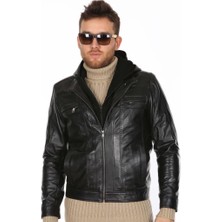 Derimont Deri Erkek Kapşonlu Siyah Spor Deri Mont