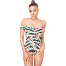 Bonesta Swimwear Önü Bağlamalı Kısa Kollu Mayo