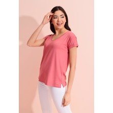 Tena Moda Kadın Gül V Yaka Geniş Salaş Tişört