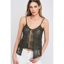 Miss Lusi 8114299 Güpürlü Önü Parçalı Çift Kat Askılı Bluz HAKI