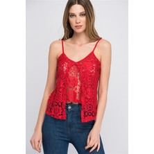 Miss Lusi 8114299 Güpürlü Önü Parçalı Çift Kat Askılı Bluz KIRMIZI