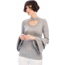 Miss Lusi 8490960 Yumoş Yakası Kolu İncili Volanlı Bluz