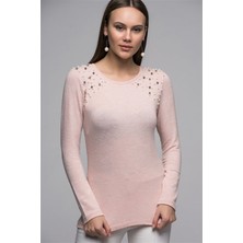 Miss Lusi 7440938 Yumoş İki Omuzu İncili Uzun Kol Bluz PUDRA