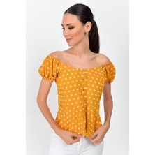 Miss Lusi 9363018 Kobe Desenli Önü Düğmeli Bluz HARDAL