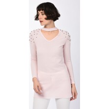 Miss Lusi 8490995 Yumoş Omuzu İncili V Yaka Boğazı Bantlı Bluz