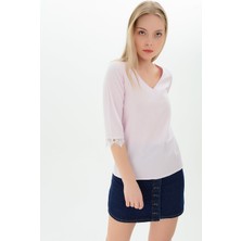 Miss Lusi 9109314 V Yaka Sırtı Tül Dantel Bağlamalı Kolucu Güpür Bluz PUDRA