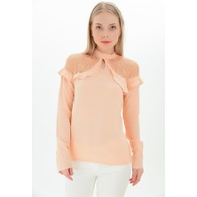 Miss Lusi 9109329 Şile Bezi Omuzları Dantelli Tül Fırfırlı Bluz PUDRA