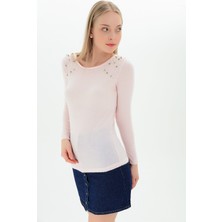 Miss Lusi 9100938 Yumoş İki Omuzu İncili Uzun Kol Bluz PUDRA