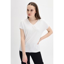 Miss Lusi 9132735 Kaşkorse V Yaka Salash Kısa Kol Bluz EKRU