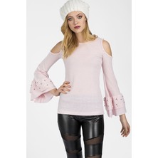 Miss Lusi 9050996 Yumoş Omuzu Açık Kolu Çift Volanlı İncili Bluz PUDRA