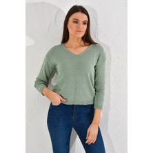 Miss Lusi 20026187 Triko Çizgili V Yaka Bluz CAGLA YESIL