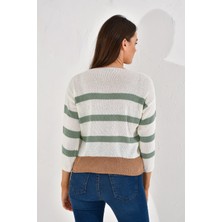 Miss Lusi 20026185 Triko Çizgili Bluz EKRU-YESIL