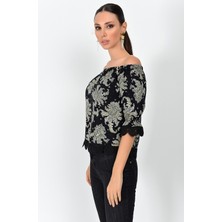 Miss Lusi 9363010 Dok.Desnli Viskon Kol Etek Güpürlü Madonna Yaka Bluz  Sal S