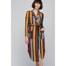 Miss Lusi 8081084 Krep Kruvaze Ceket Yaka Cepli Kuşaklı Elbise HARDAL-MERCAN