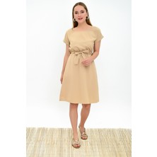 Miss Lusi 9303031 Dok.Viskon Beli Lastikli Yarasa Kol Elbise BEJ