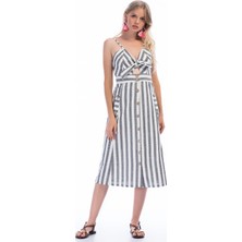 Miss Lusi 8301245 Keten Kalın Çizgili Göğsü Bağlama Detaylı Elbise  S