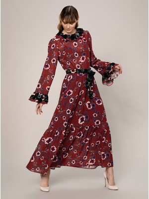 Roman Kadın Çiçekli Bordo Elbise-K1911038-089