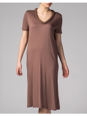 Roman Kadın Yaka Detaylı Kahverengi Elbise-Y1441008-005