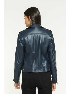 Black Noble Sara Kadın Biker Lacivert Deri Ceket