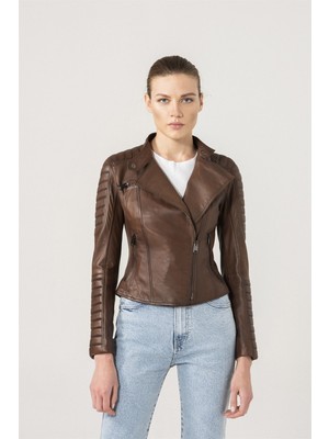Black Noble Maria Biker Kahve Karartma Deri Ceket