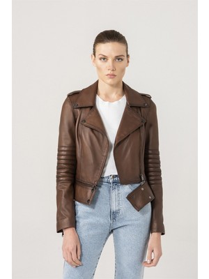 Black Noble Sandra Biker Kahve Karatma Deri Ceket