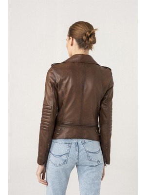 Black Noble Sandra Biker Kahve Karatma Deri Ceket