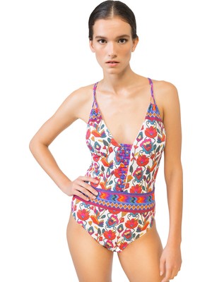 Bonesta Swimwear Karanfil Desenli V Yaka Mayo