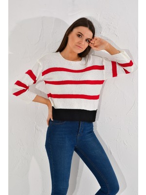 Miss Lusi 20026185 Triko Çizgili Bluz EKRU-KIRMIZI
