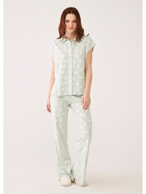 Yeşil Melanj Tavşan Baskılı Modal Empirme Kumaş Gömlek Kadın Kısa Kol Pijama Takımı