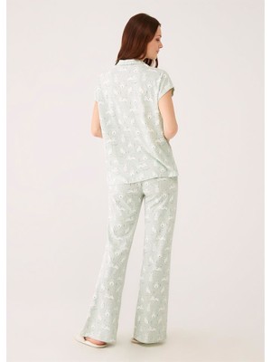 Yeşil Melanj Tavşan Baskılı Modal Empirme Kumaş Gömlek Kadın Kısa Kol Pijama Takımı