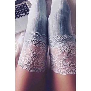 Merry See Parfümlü Dantelli Örgü Diz Üstü Jartiyer Çorap Gri