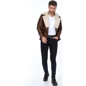 Deri Ronny Yakası Kürklü Kahverengi Erkek Deri Ceket