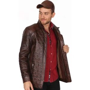 Deri Erkek İşlemeli Kahve Deri Mont