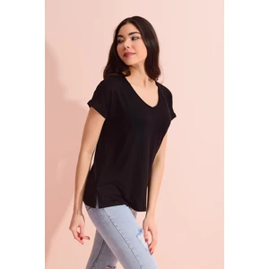 Tena Moda Kadın Siyah V Yaka Geniş Salaş Tişört