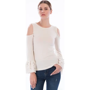 Miss Lusi 8360996 Yumoş Omuzu Açık Kolu Çift Volanlı İncili Bluz BEJ