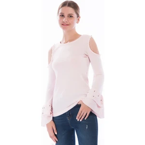 Miss Lusi 8360996 Yumoş Omuzu Açık Kolu Çift Volanlı İncili Bluz PUDRA