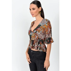 Miss Lusi 9363031 Krinkle Desenli Arkası Gipeli Kolu Fırfırlı Topik HARDAL-VIZON