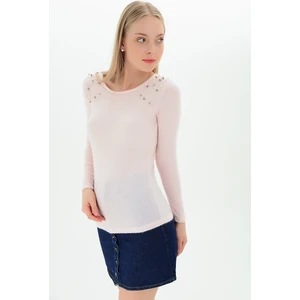 Miss Lusi 9100938 Yumoş İki Omuzu İncili Uzun Kol Bluz PUDRA