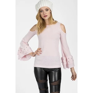 Miss Lusi 9050996 Yumoş Omuzu Açık Kolu Çift Volanlı İncili Bluz PUDRA