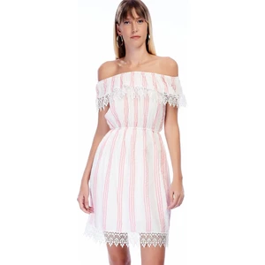 Miss Lusi 82909461 Şile Bezi İnce Çizgi Desen Madonna Yaka Kısa Elbise EKRU-PEMBE