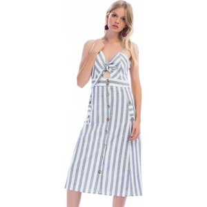 Miss Lusi 8301245 Keten Kalın Çizgili Göğsü Bağlama Detaylı Elbise  S