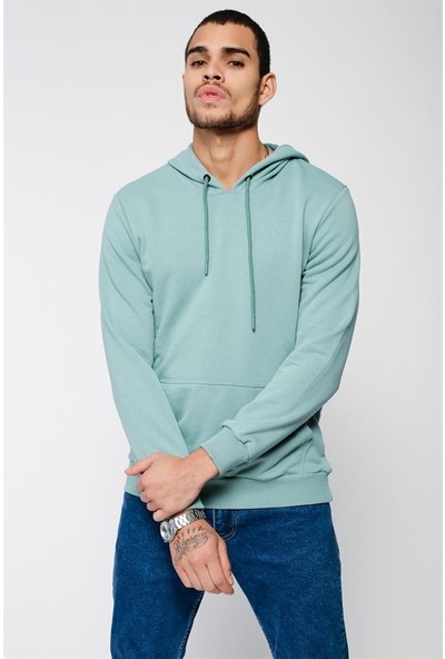 Lafaba Erkek Mint Yeşili Cepli Kapüşonlu Basic Sweatshirt
