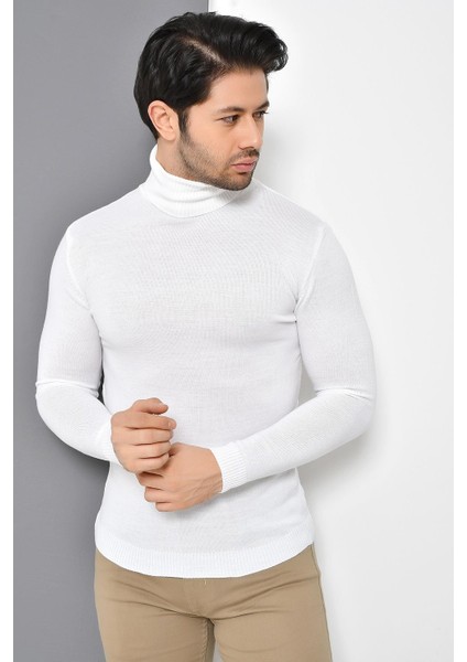 Tena Moda Erkek Beyaz Tam Balıkçı Yaka Basic Triko Kazak